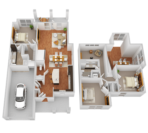 3d rendering of a floor plan of a house with a car